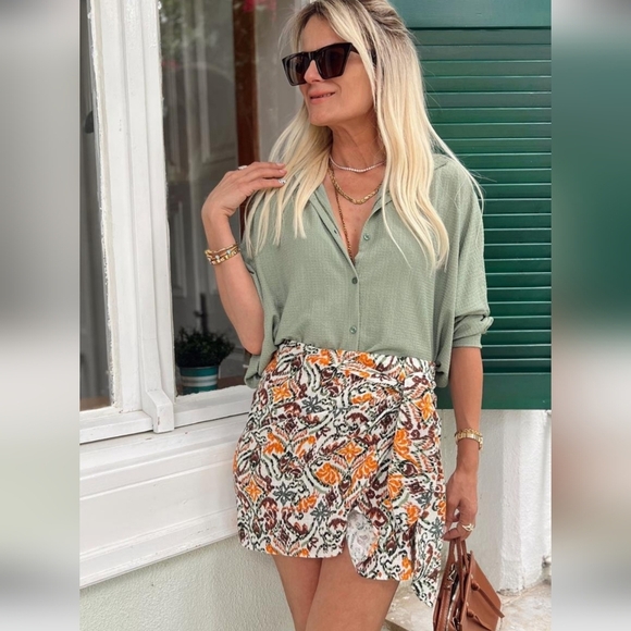 ZARA Textured Sarong Wrap Pareo Mini Skirt Printed Orange/white Multi. Size Med - Picture 5 of 12